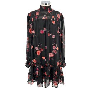 Cece Floral Mock Neck Long Sleeve Ruffle Hem Smocked Dress Black Multi Size XL